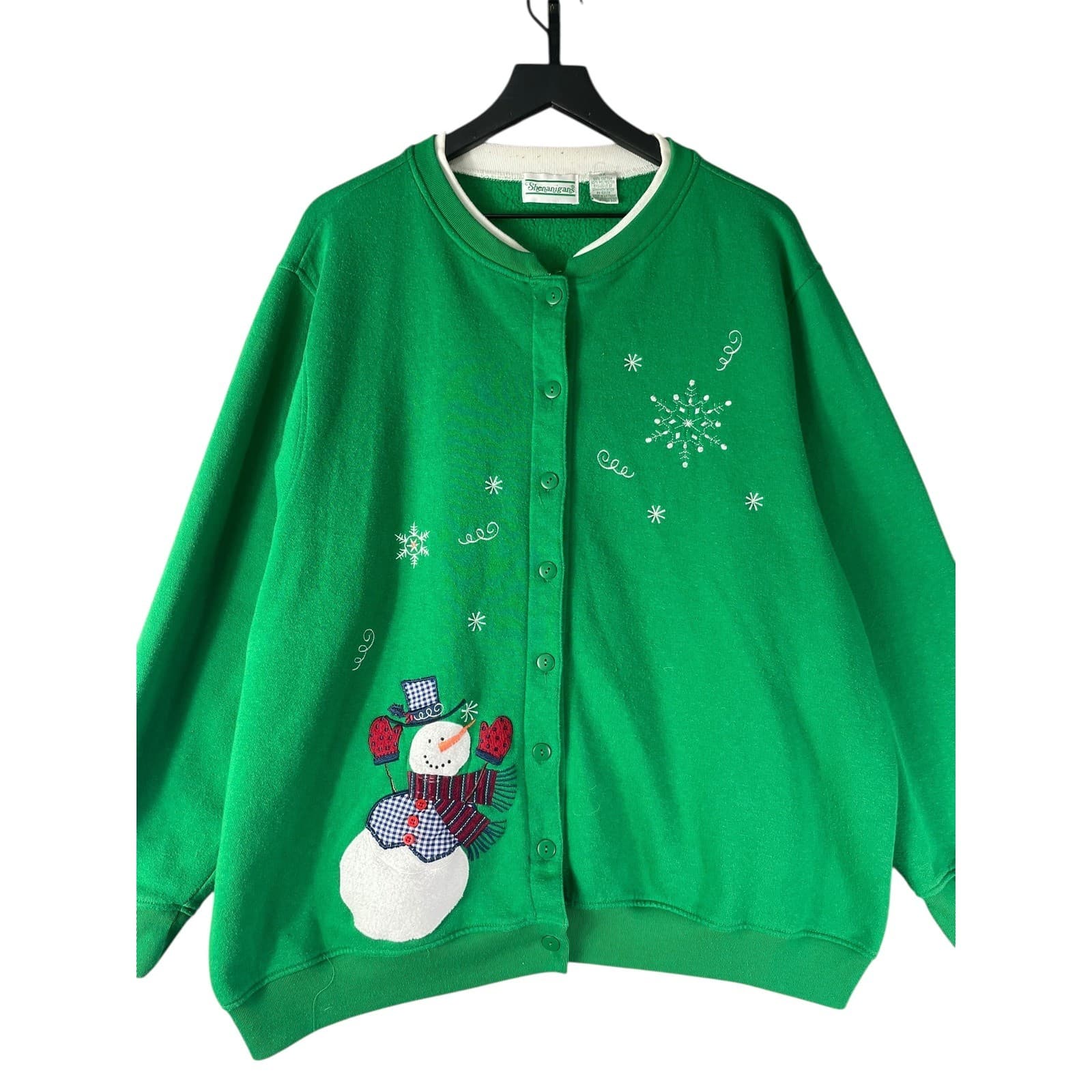 Shenanigans Green Snowman Vintage Snowflake Button Front Cardigan Sweatshirt 3X - Thumbnail 7