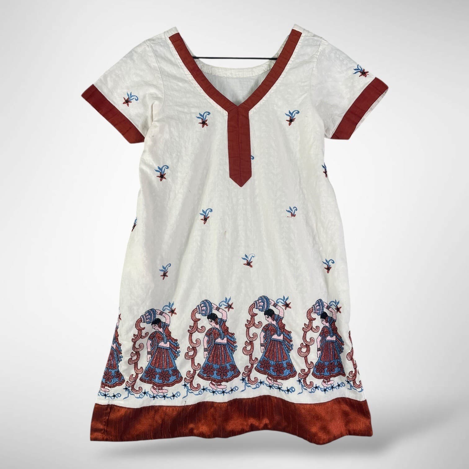 Vintage Hand Embroidered Boho Tunic Dress Cream Rust Blue V Neck Cottagecore - Thumbnail 2