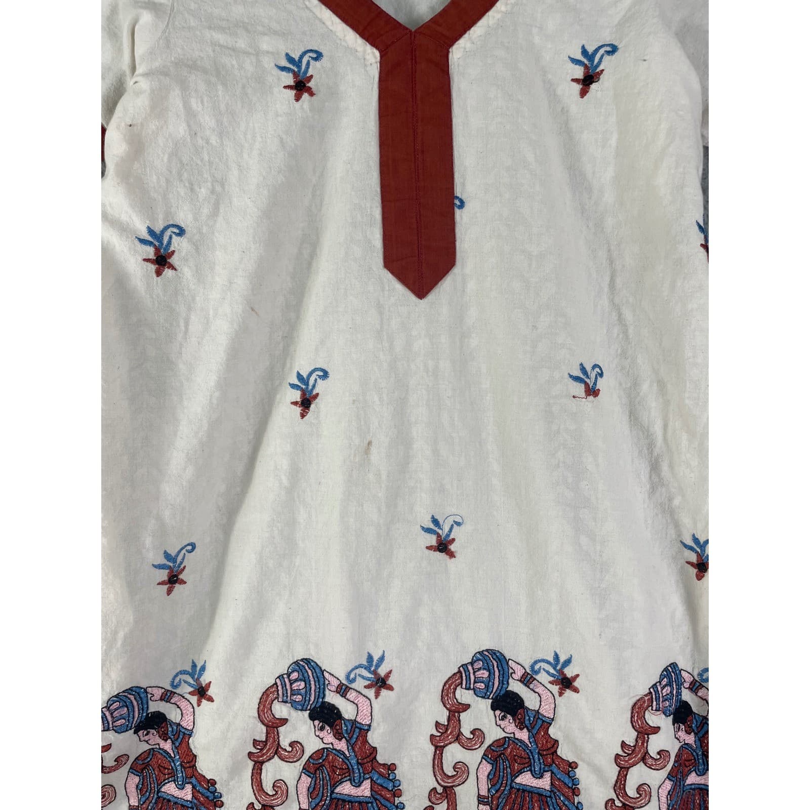 Vintage Hand Embroidered Boho Tunic Dress Cream Rust Blue V Neck Cottagecore - Thumbnail 11