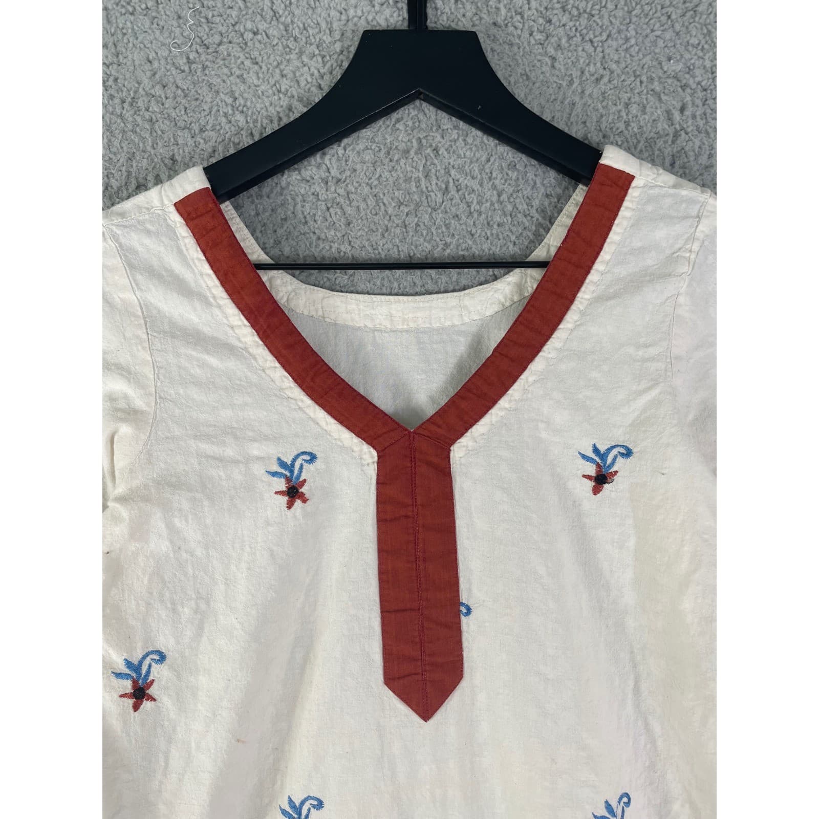 Vintage Hand Embroidered Boho Tunic Dress Cream Rust Blue V Neck Cottagecore - Thumbnail 8