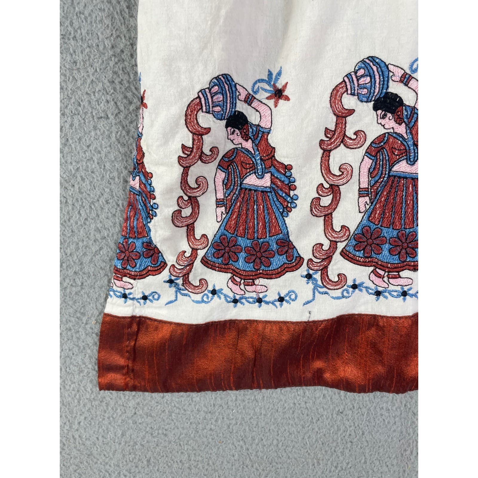 Vintage Hand Embroidered Boho Tunic Dress Cream Rust Blue V Neck Cottagecore - Thumbnail 9