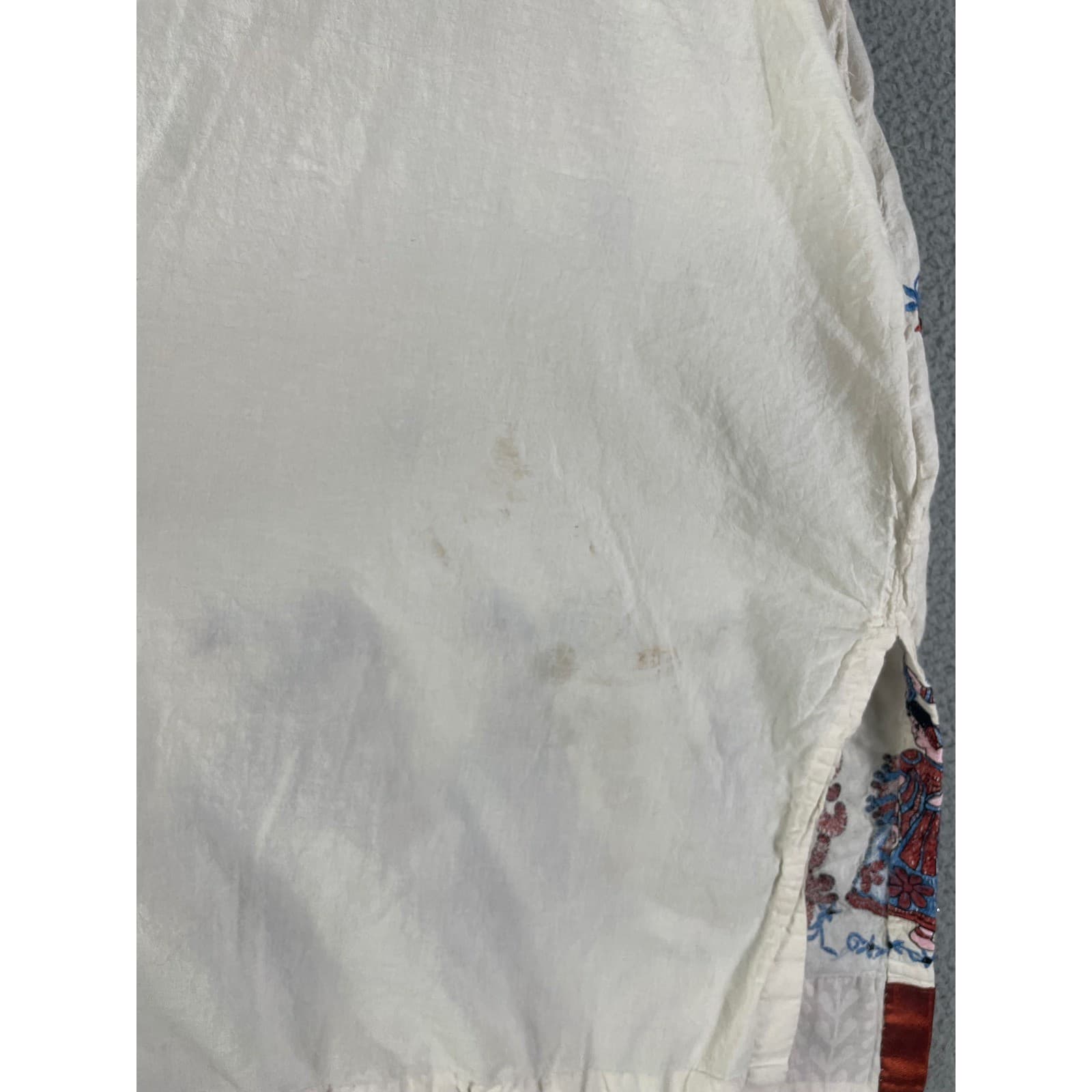 Vintage Hand Embroidered Boho Tunic Dress Cream Rust Blue V Neck Cottagecore - Thumbnail 6