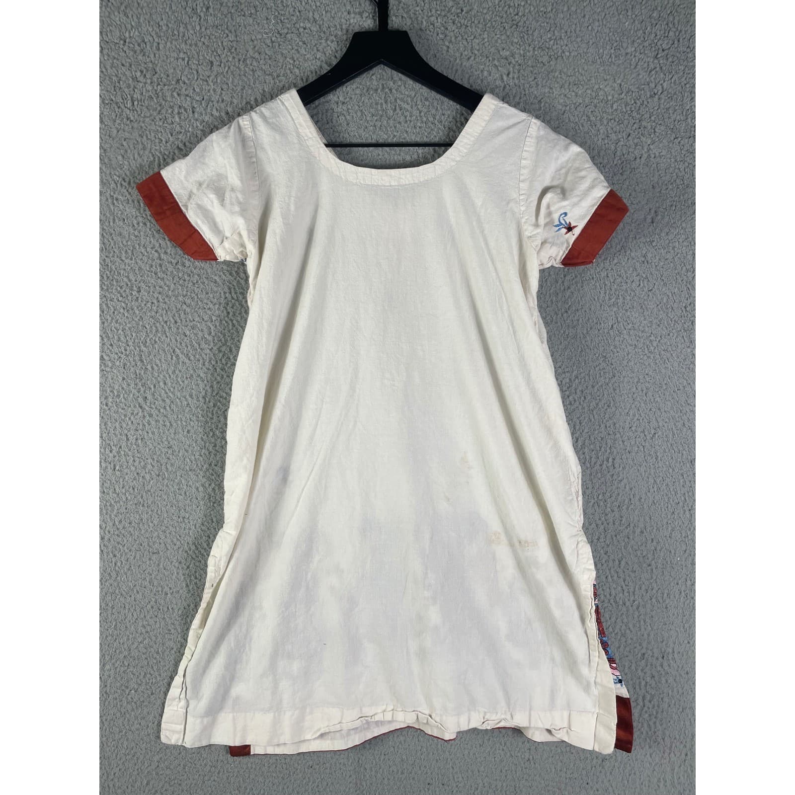 Vintage Hand Embroidered Boho Tunic Dress Cream Rust Blue V Neck Cottagecore - Thumbnail 7