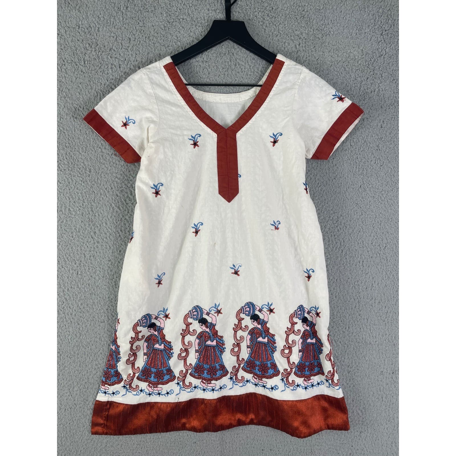 Vintage Hand Embroidered Boho Tunic Dress Cream Rust Blue V Neck Cottagecore - Thumbnail 4