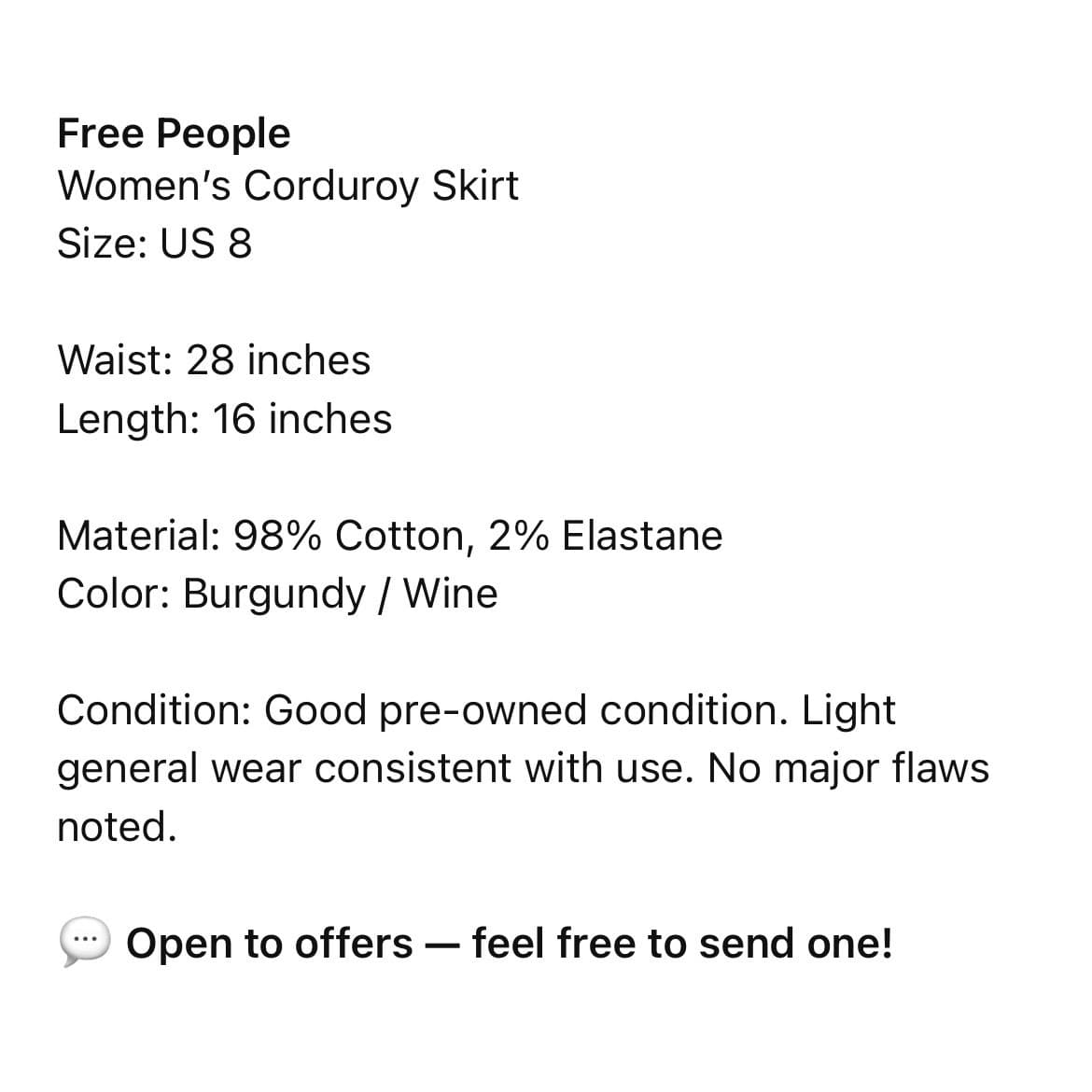 Free People Burgundy Corduroy Mini Skirt Women's Size 8 Boho Fall Back Zip - Thumbnail 2