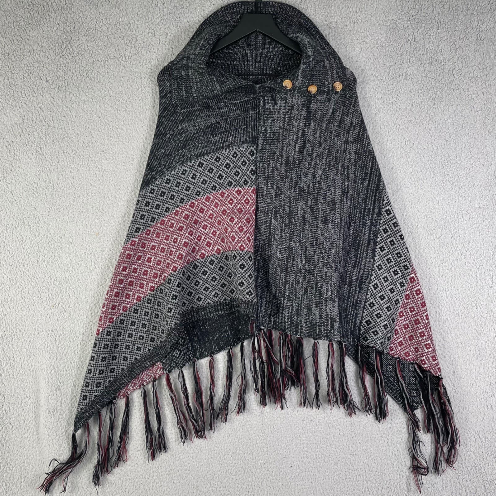 Allex & Rob Knit Poncho Wrap Fringe Colorblock Button Detail Women L XL - Thumbnail 6