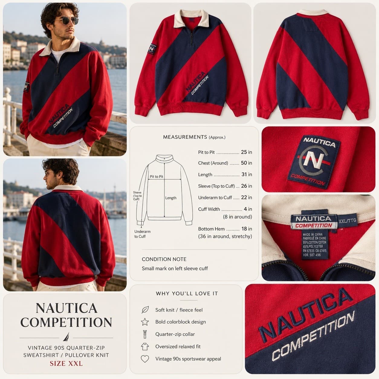 Vintage Nautica Competition Pullover Jacket Mens XXL Red Navy 90s Sailing - Thumbnail 2