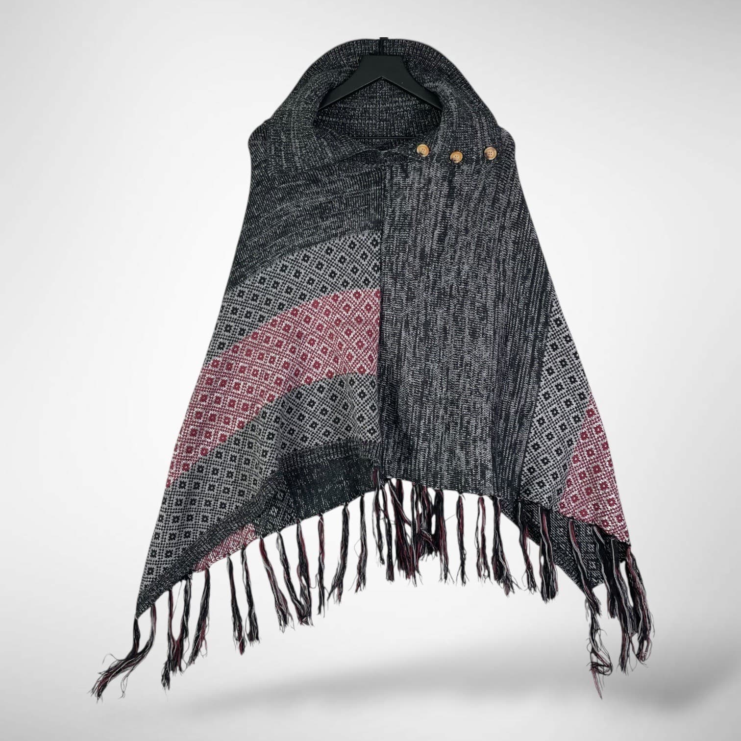 Allex & Rob Knit Poncho Wrap Fringe Colorblock Button Detail Women L XL - Thumbnail 2