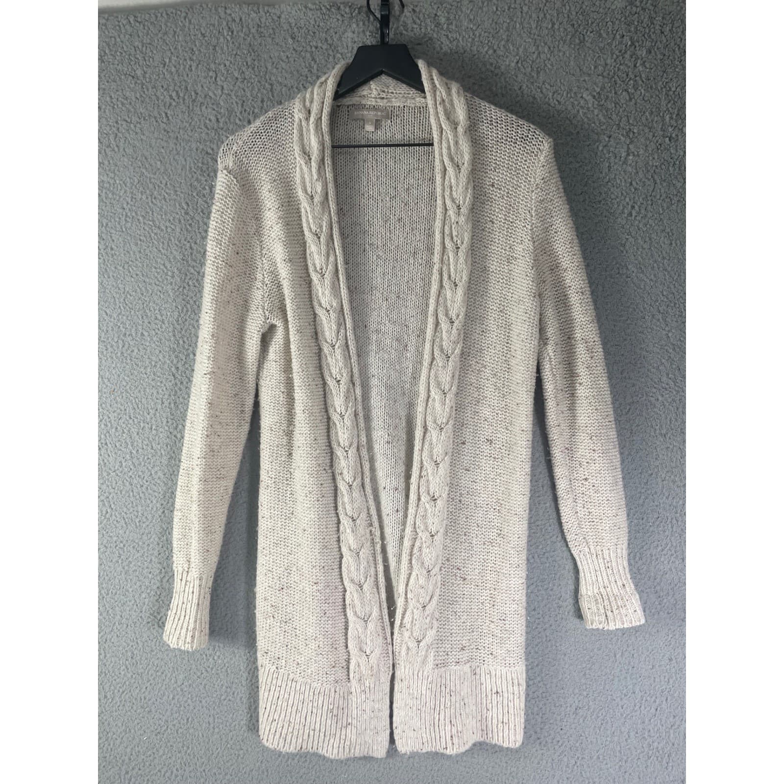 Banana Republic Womens Small Oatmeal Wool Blend Cable Trim Long Cardigan Sweater - Thumbnail 2