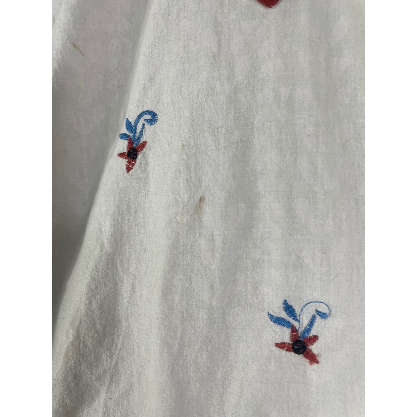 Vintage Hand Embroidered Boho Tunic Dress Cream Rust Blue V Neck Cottagecore - Thumbnail 5