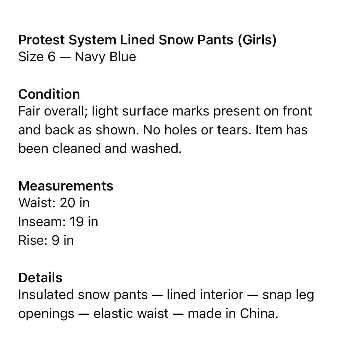 Protection System Lined Snow Pants Girls 6 Navy Blue Insulated Ski Snowboard - Thumbnail 3