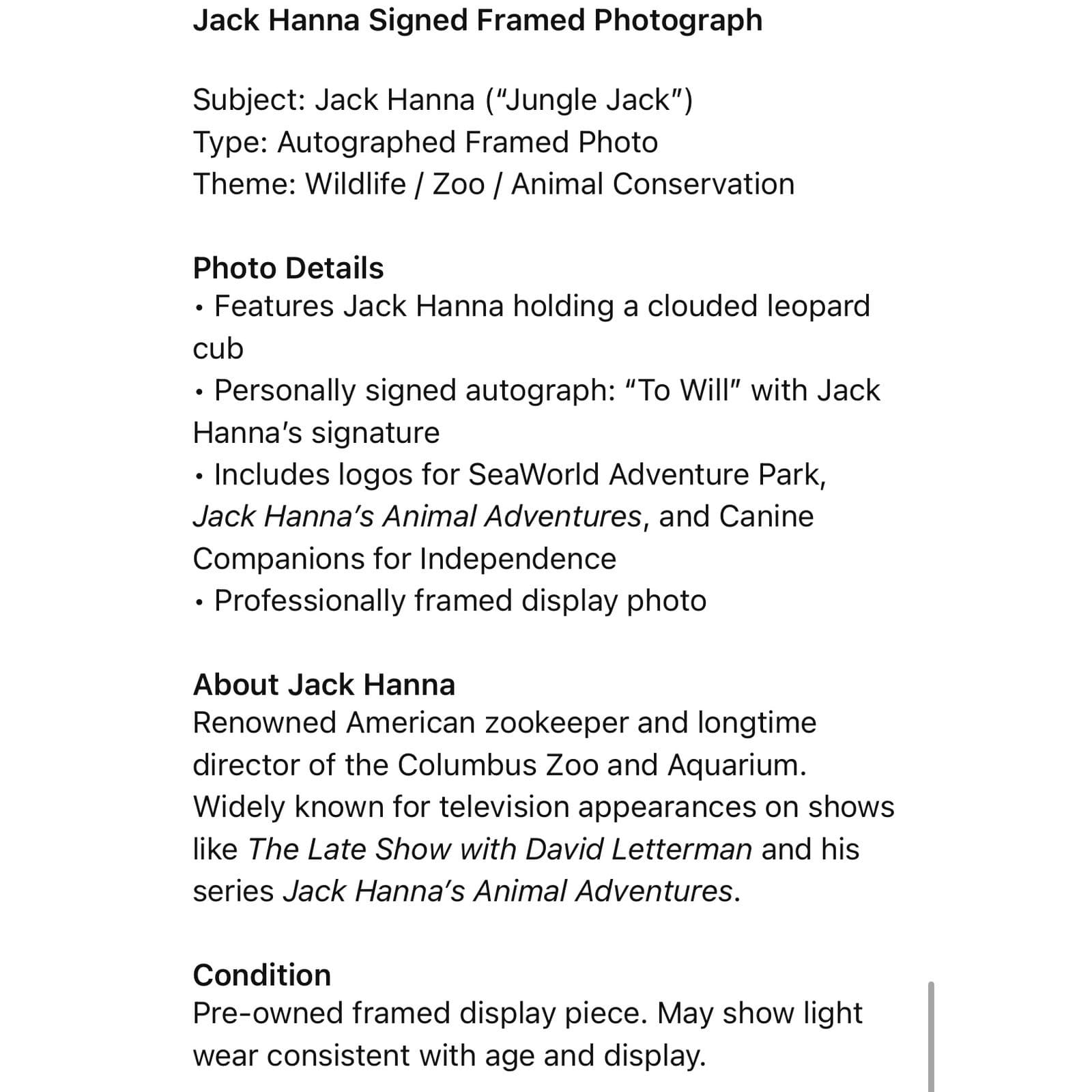 Jack Hanna Signed Photo 8x10 Framed Autograph Wildlife Zoo Animal Adventures - Thumbnail 2