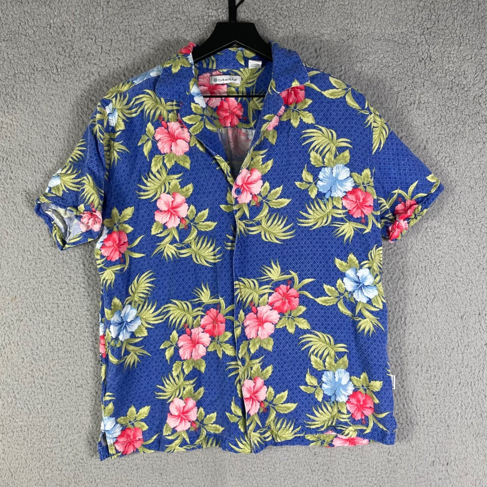 Cubavera Men Medium Blue Hawaiian Floral Aloha Button Up Shirt Short Sleeve - Thumbnail 6