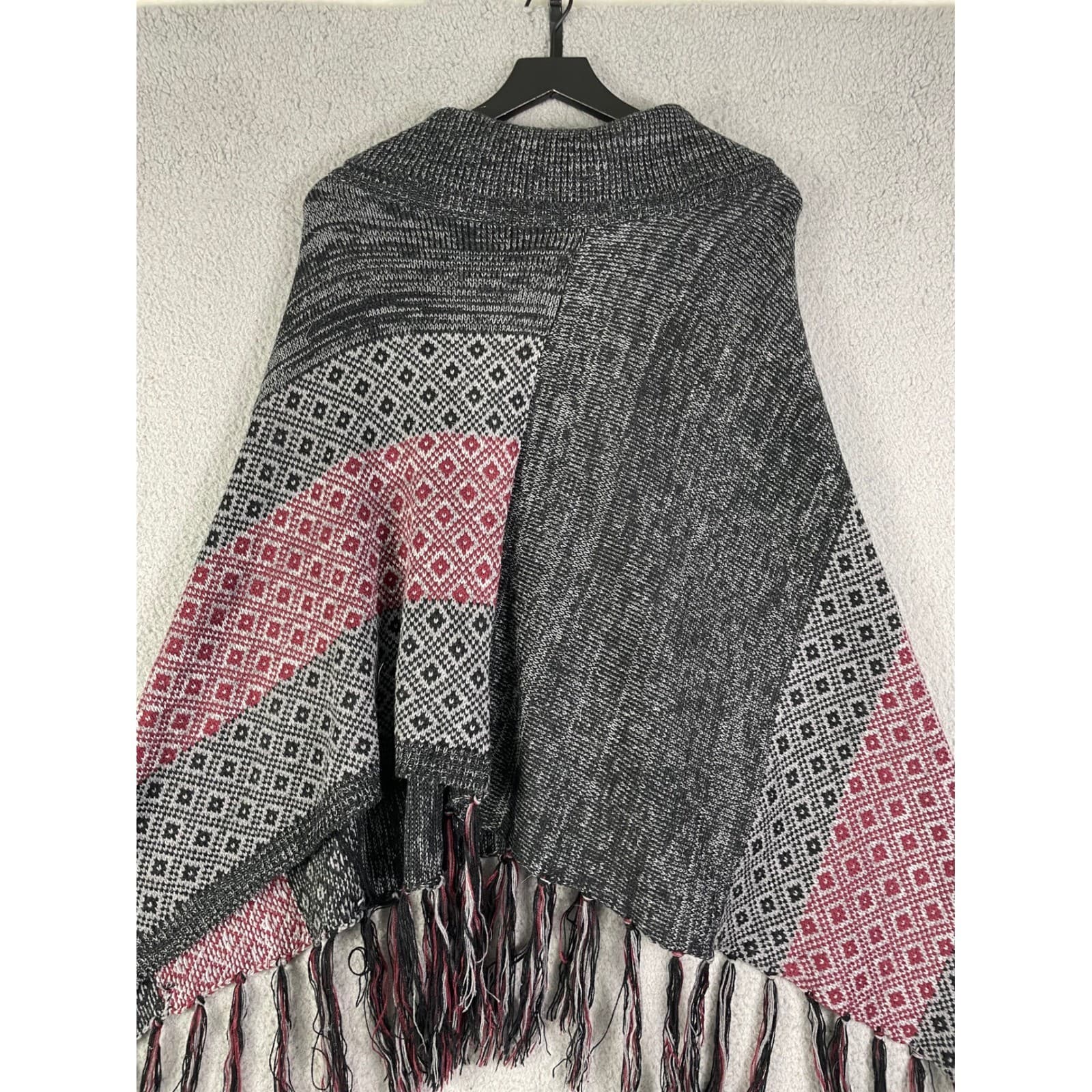 Allex & Rob Knit Poncho Wrap Fringe Colorblock Button Detail Women L XL - Thumbnail 10