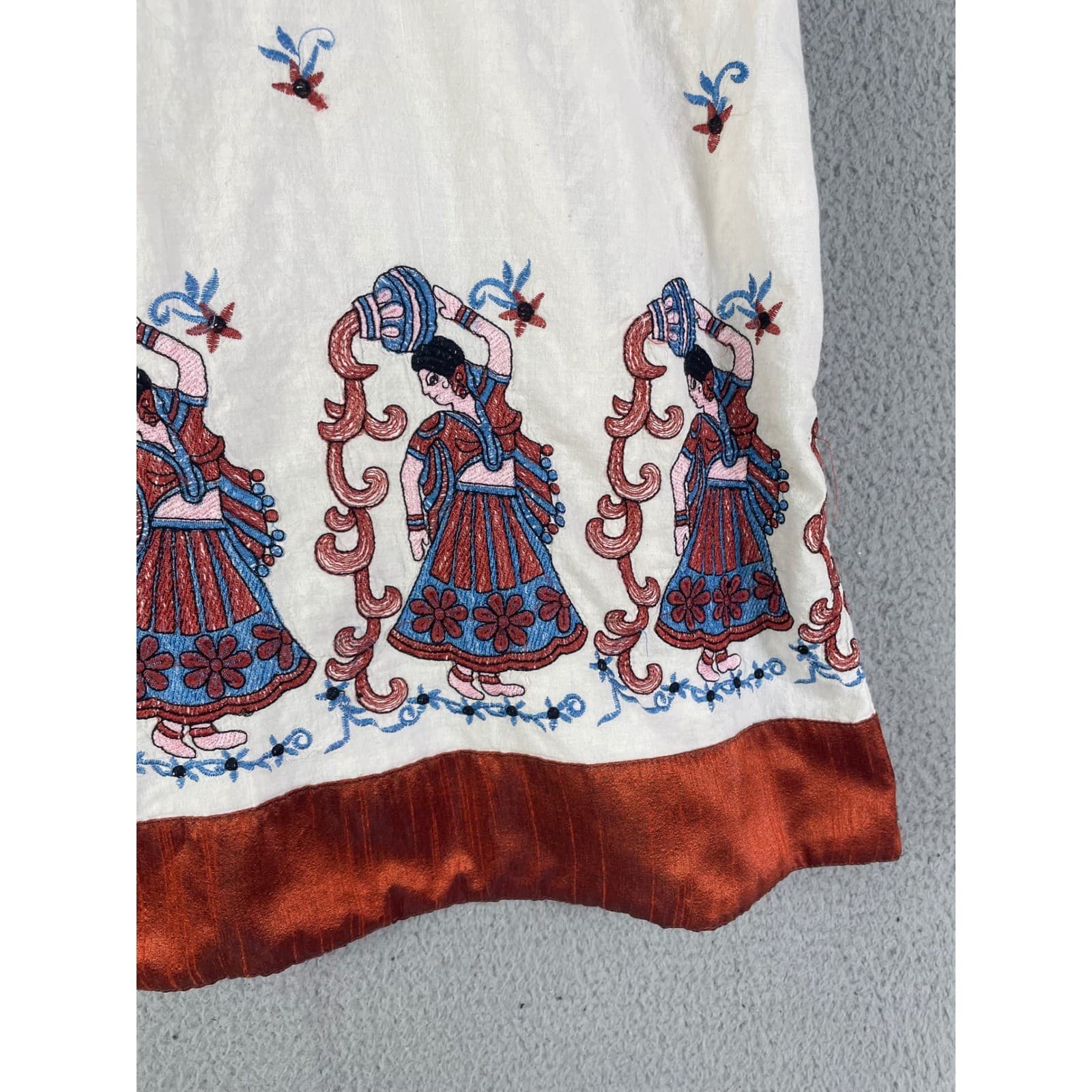 Vintage Hand Embroidered Boho Tunic Dress Cream Rust Blue V Neck Cottagecore - Thumbnail 10