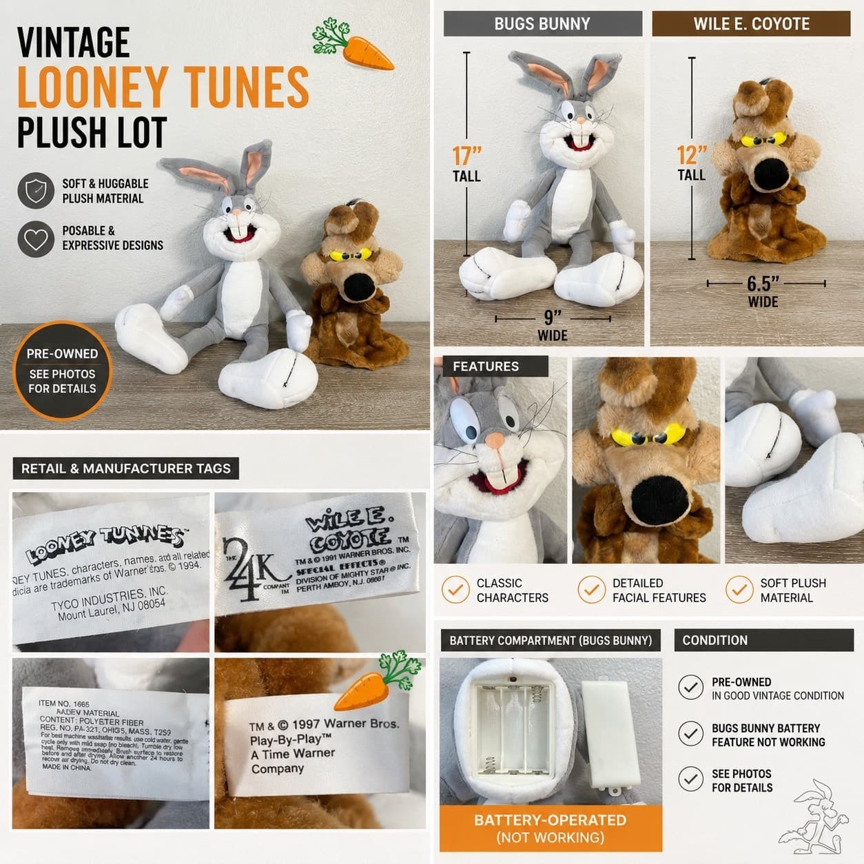 Vintage Looney Tunes Plush Lot Bugs Bunny Wile E Coyote 1994 1997 Warner Bros - Thumbnail 2