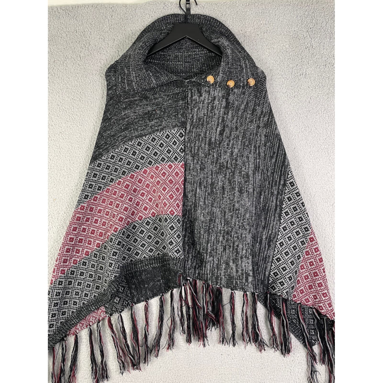 Allex & Rob Knit Poncho Wrap Fringe Colorblock Button Detail Women L XL - Thumbnail 8