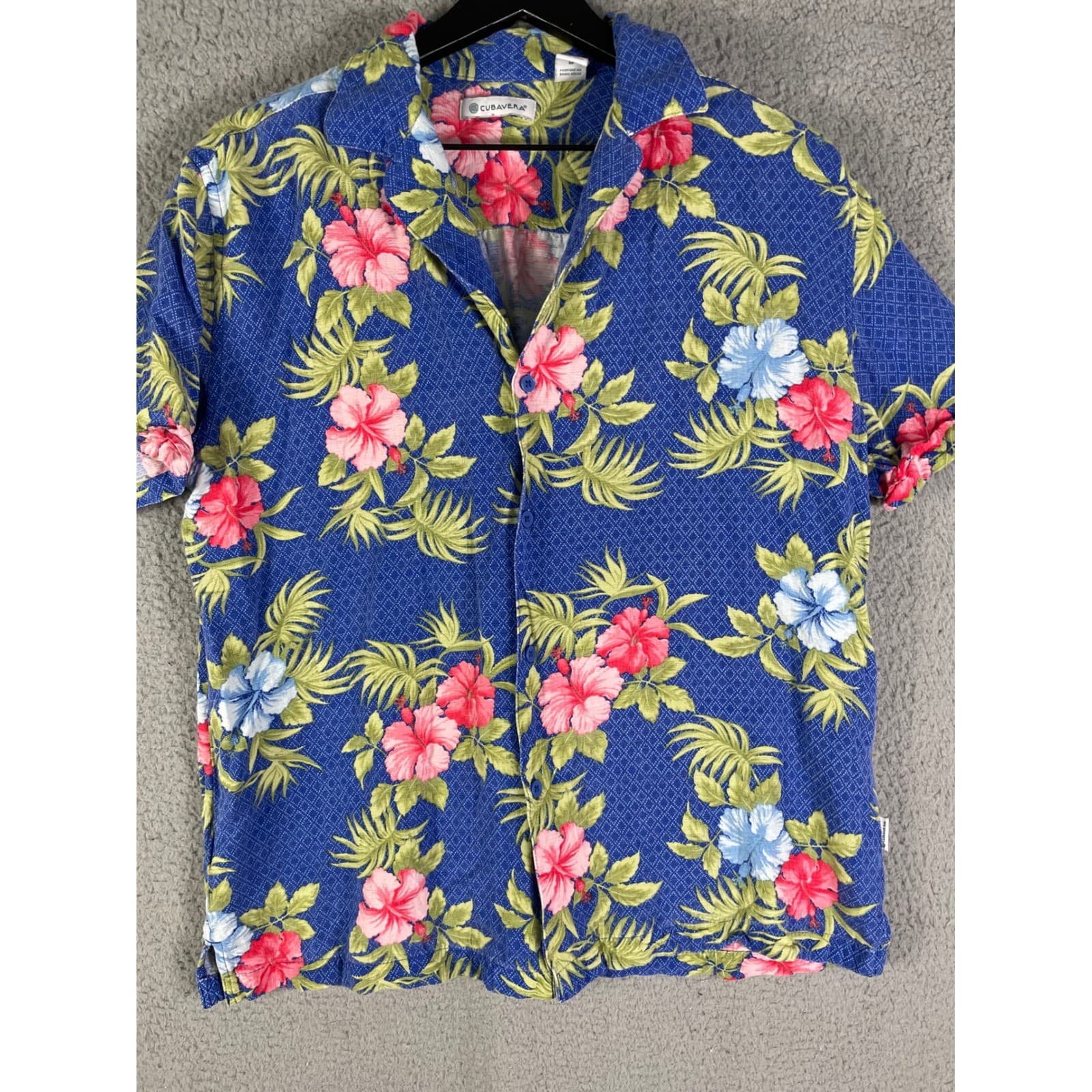 Cubavera Men Medium Blue Hawaiian Floral Aloha Button Up Shirt Short Sleeve - Thumbnail 8