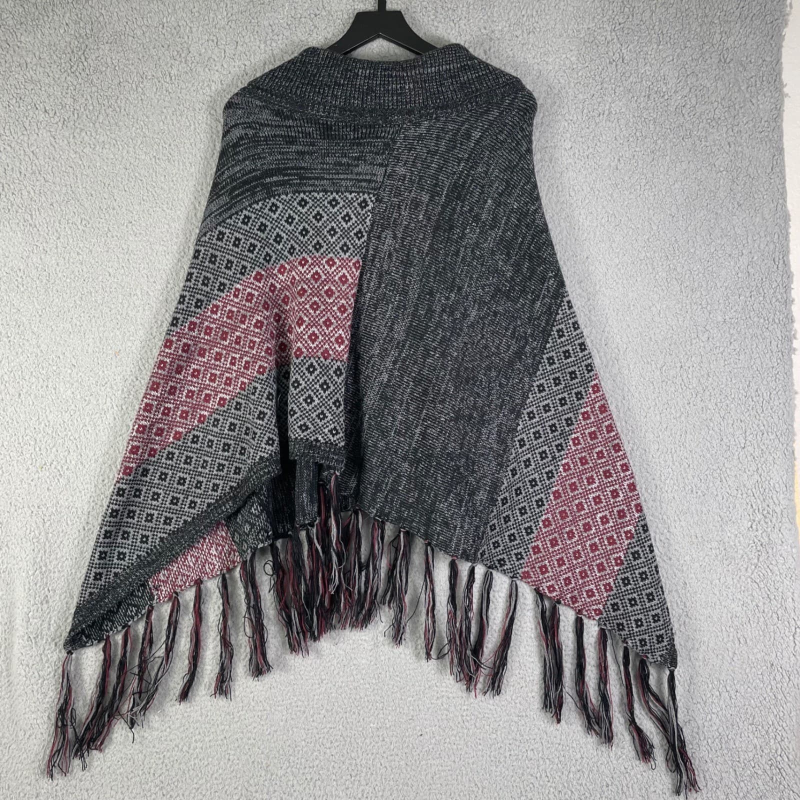 Allex & Rob Knit Poncho Wrap Fringe Colorblock Button Detail Women L XL - Thumbnail 7