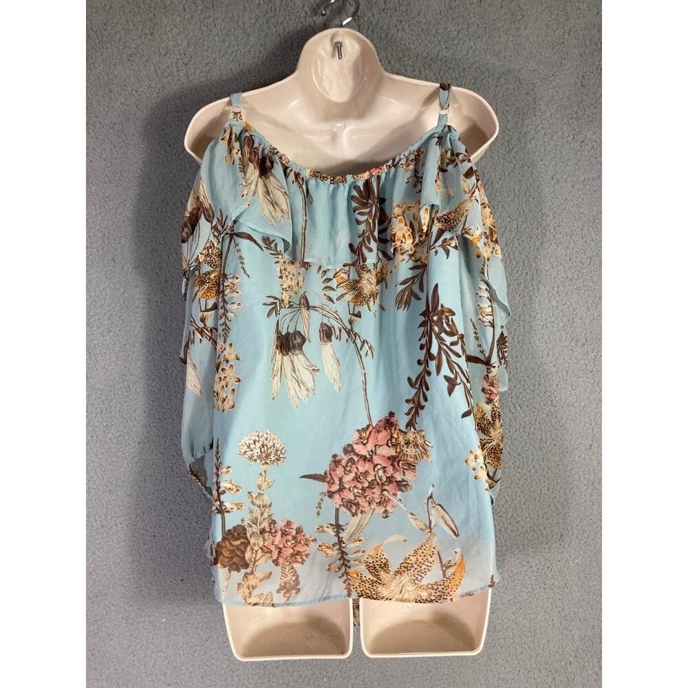 Boutique Blouse Womens 3X Blue Floral Cold Shoulder Tunic Top Ruffle Cami - Thumbnail 6