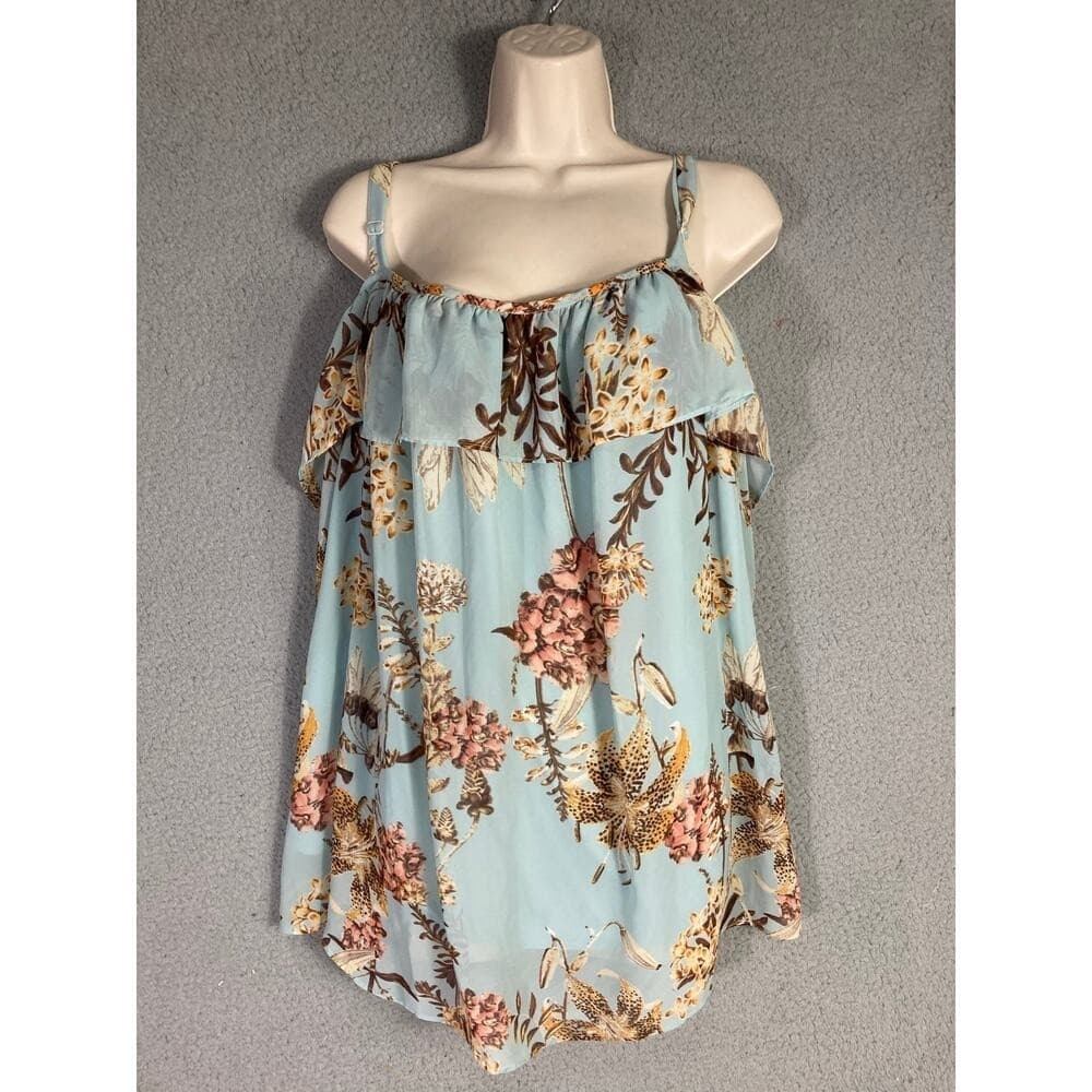 Boutique Blouse Womens 3X Blue Floral Cold Shoulder Tunic Top Ruffle Cami - Thumbnail 4