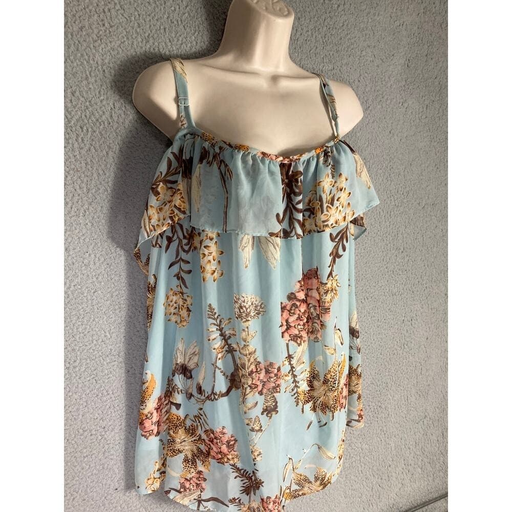 Boutique Blouse Womens 3X Blue Floral Cold Shoulder Tunic Top Ruffle Cami - Thumbnail 3