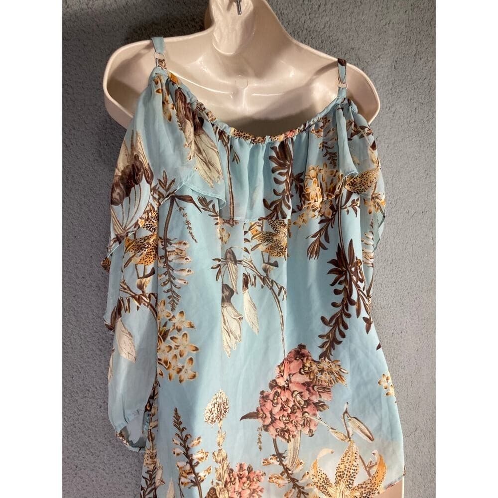 Boutique Blouse Womens 3X Blue Floral Cold Shoulder Tunic Top Ruffle Cami - Thumbnail 7
