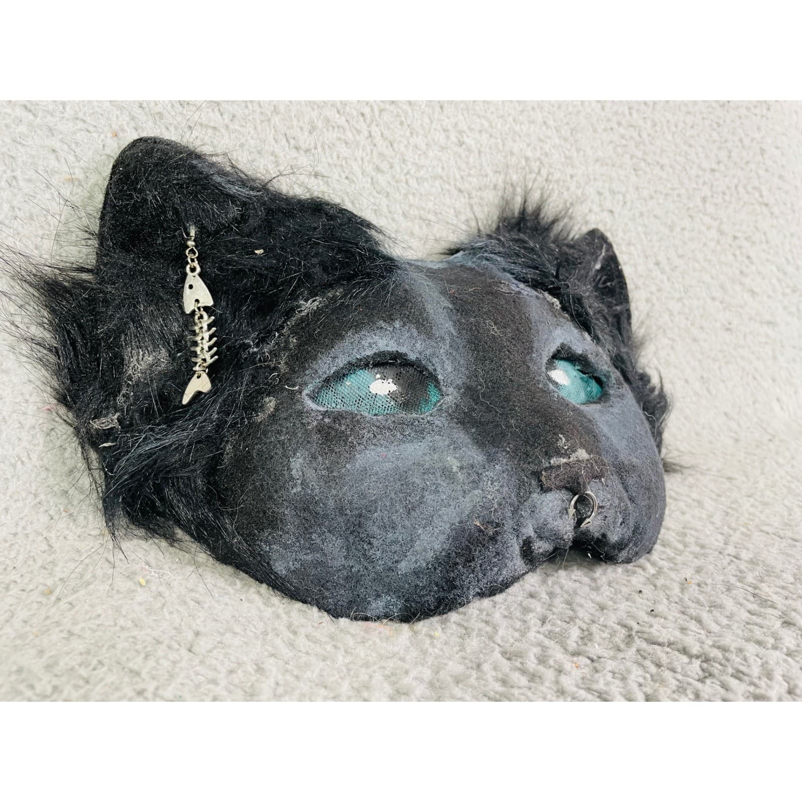Black Cat Mask Furry Costume Cosplay Therian Animal Fishbone Earring Accessory - Thumbnail 3