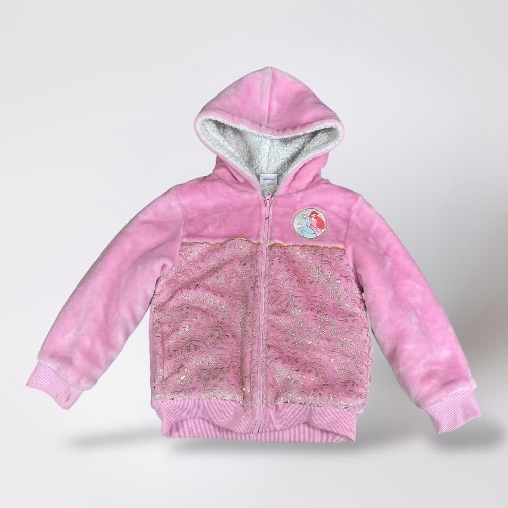 Disney Princess Ariel Cinderella Pink Sherpa Girls Hoodie Jacket Size 6 - Thumbnail 2