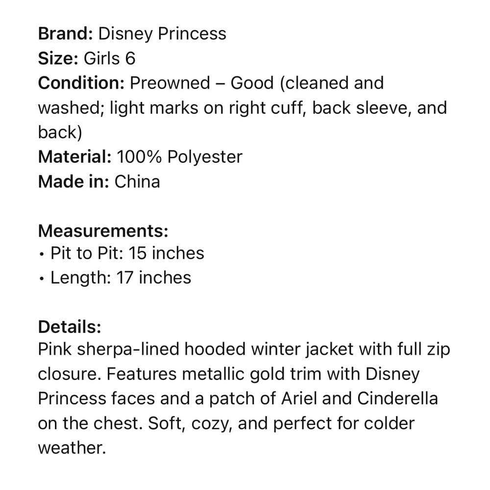 Disney Princess Ariel Cinderella Pink Sherpa Girls Hoodie Jacket Size 6 - Thumbnail 3