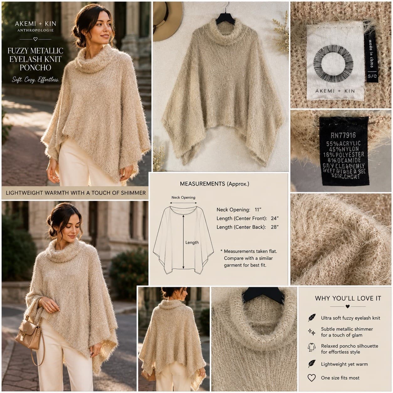 Anthropologie Akemi Kin Eyelash Poncho Sweater Womens OS Ivory Turtleneck - Thumbnail 2