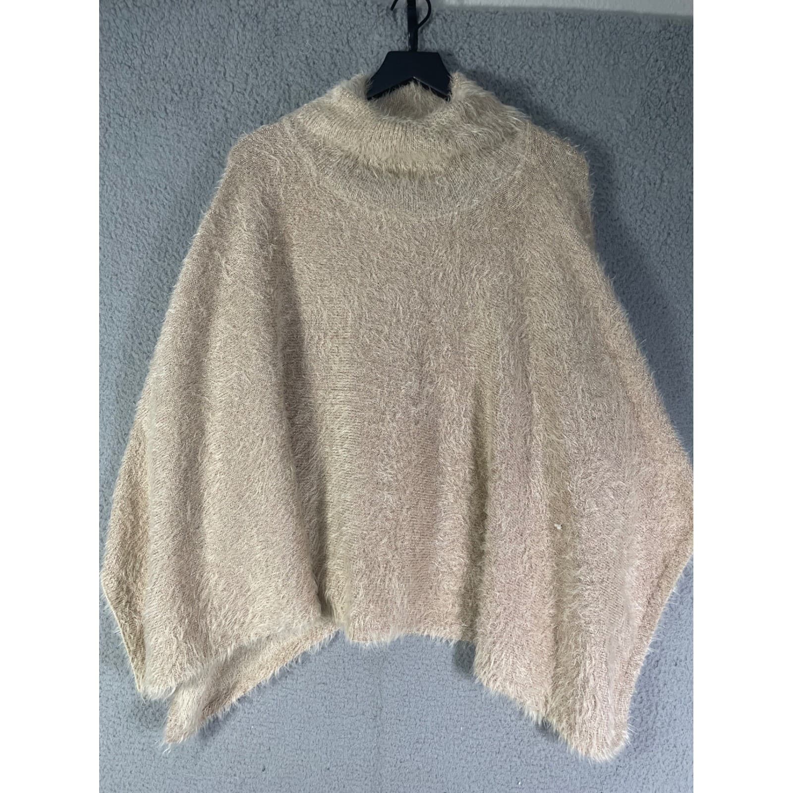 Anthropologie Akemi Kin Eyelash Poncho Sweater Womens OS Ivory Turtleneck - Thumbnail 6
