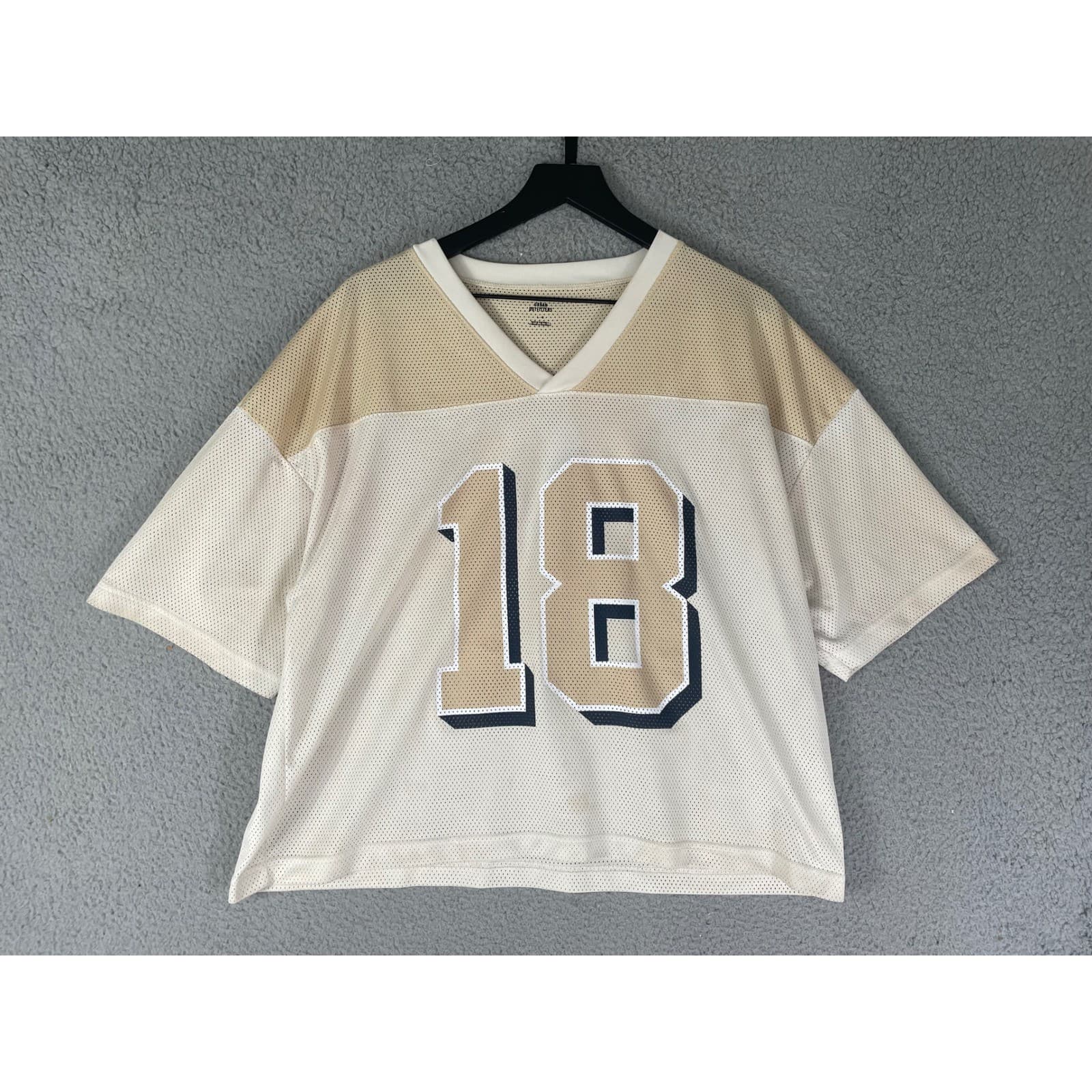 Cropped Mesh Jersey Top Beige White 18 V Neck Y2K Streetwear Unisex - Thumbnail 5