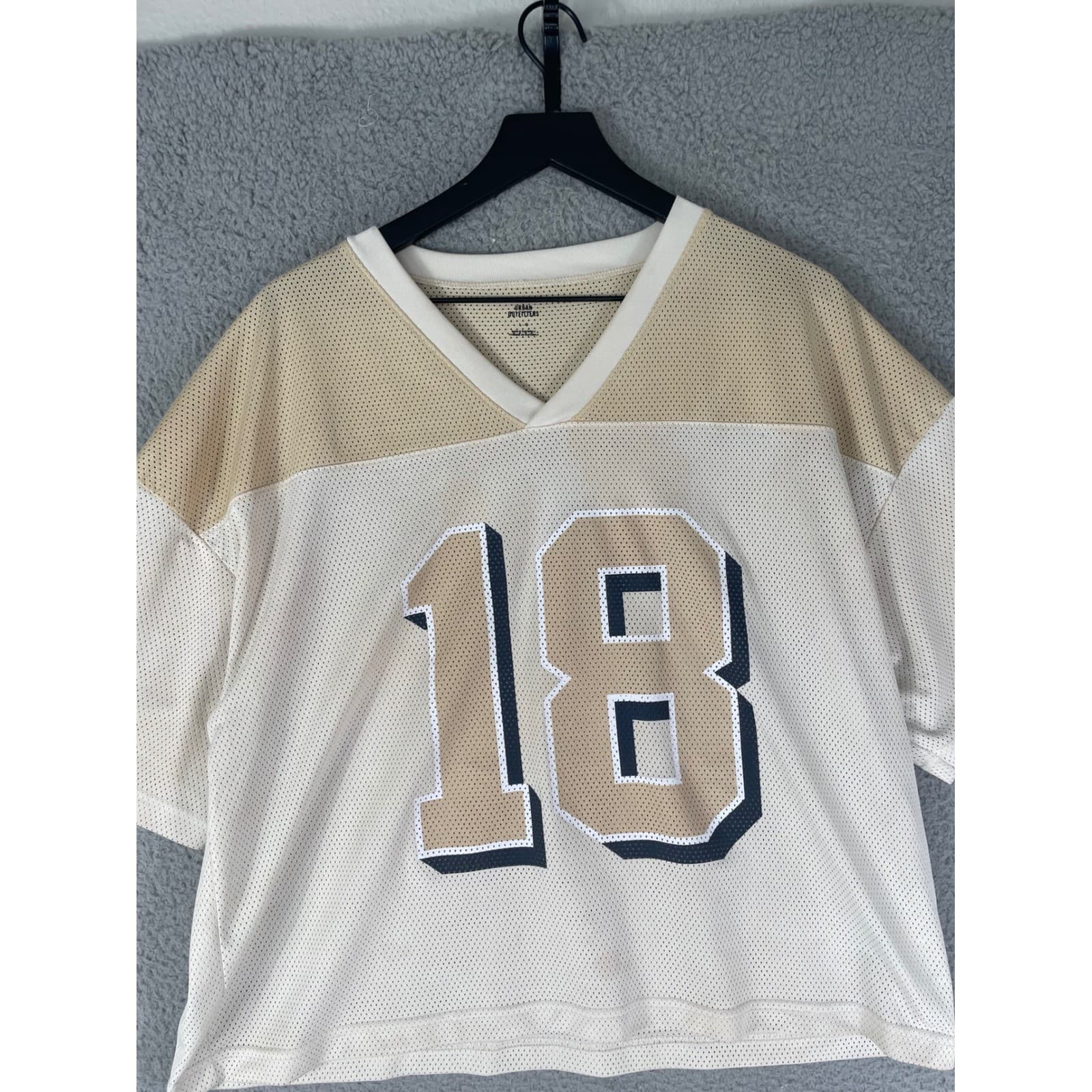 Cropped Mesh Jersey Top Beige White 18 V Neck Y2K Streetwear Unisex - Thumbnail 7