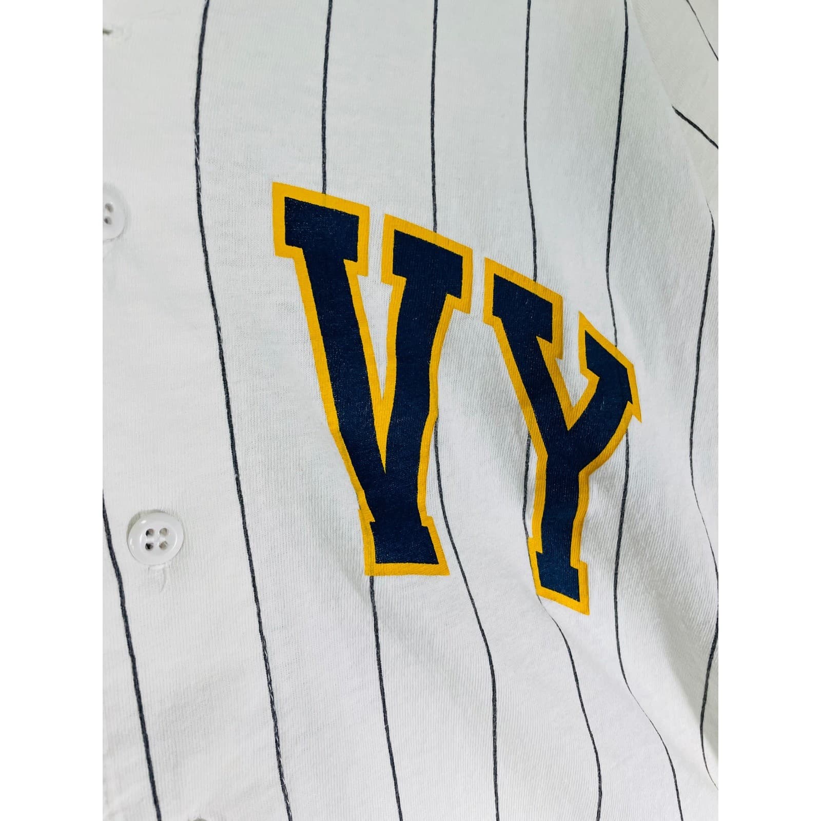 Vintage Soffe Men’s Large Navy Baseball Jersey White Pinstripe Button Up Shirt - Thumbnail 9