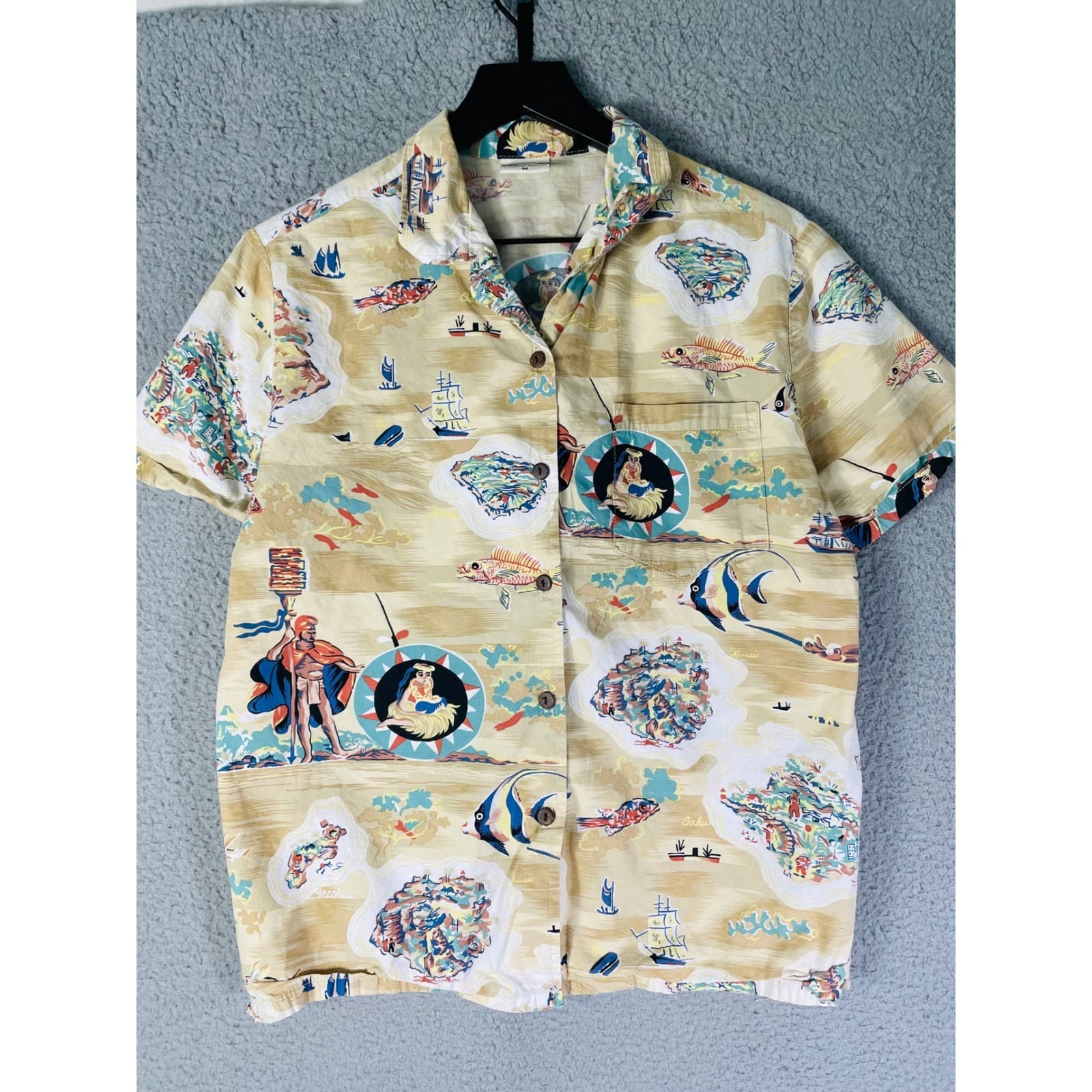 Go Barefoot Men’s M Hawaiian Shirt Island Print Beige Aloha Button Up Vintage - Thumbnail 6