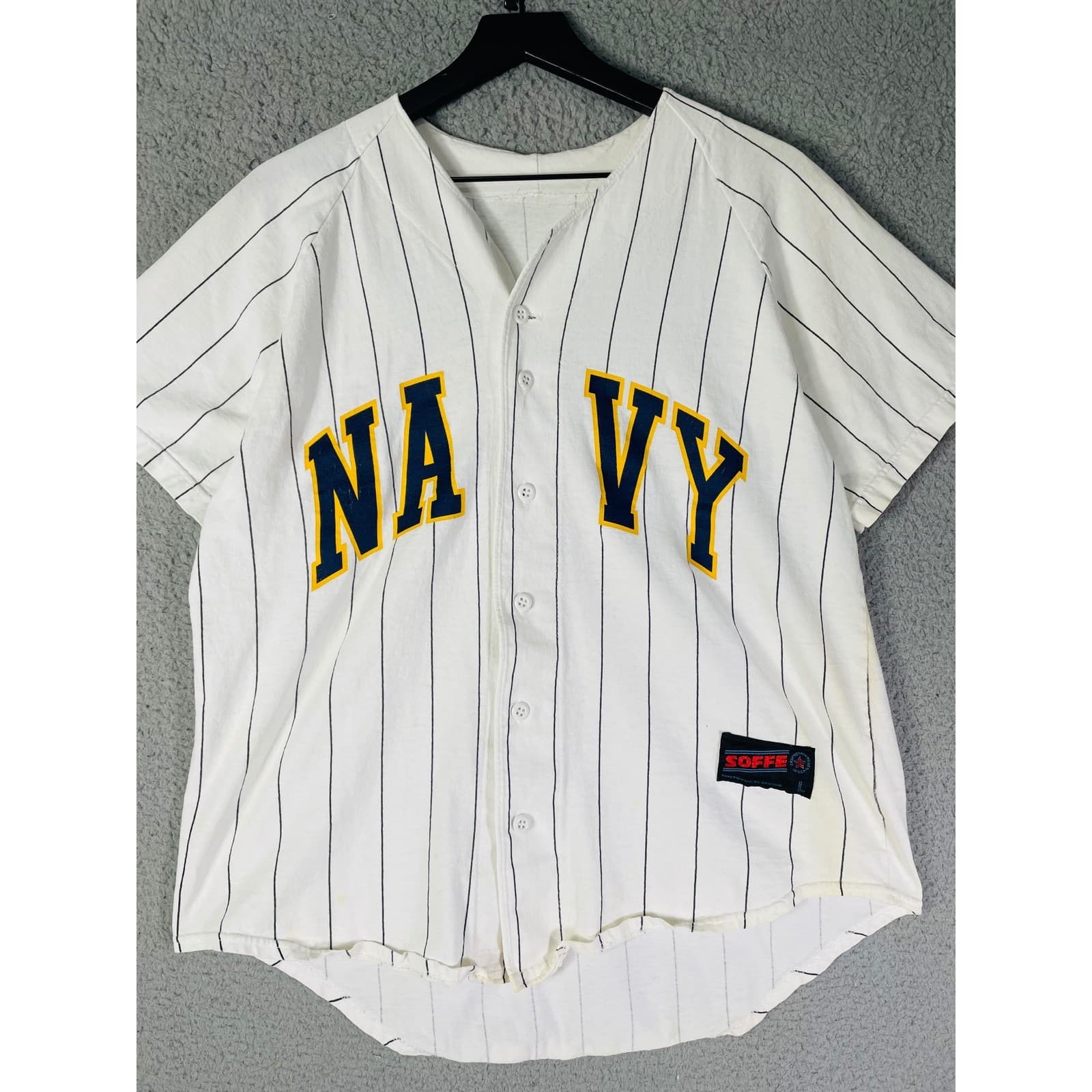 Vintage Soffe Men’s Large Navy Baseball Jersey White Pinstripe Button Up Shirt - Thumbnail 3