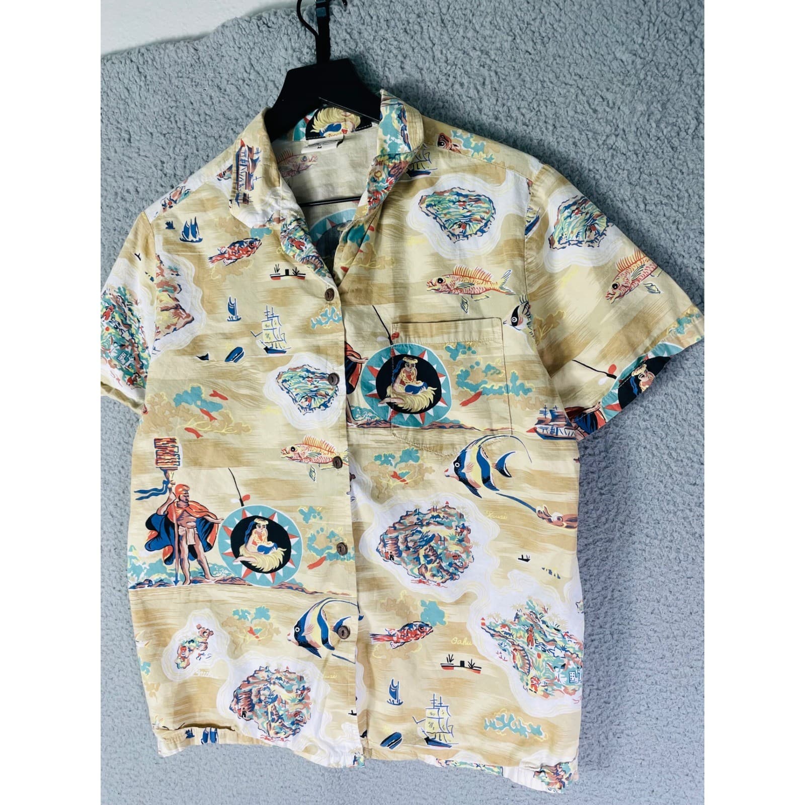 Go Barefoot Men’s M Hawaiian Shirt Island Print Beige Aloha Button Up Vintage - Thumbnail 7