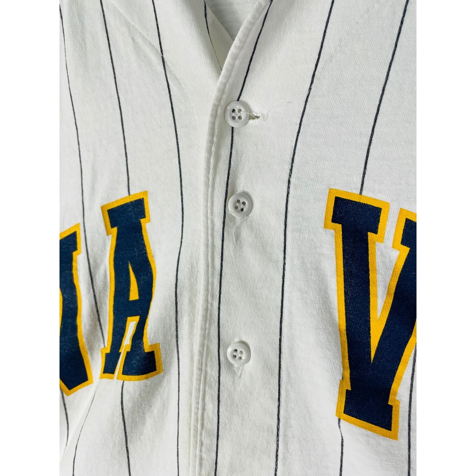 Vintage Soffe Men’s Large Navy Baseball Jersey White Pinstripe Button Up Shirt - Thumbnail 7