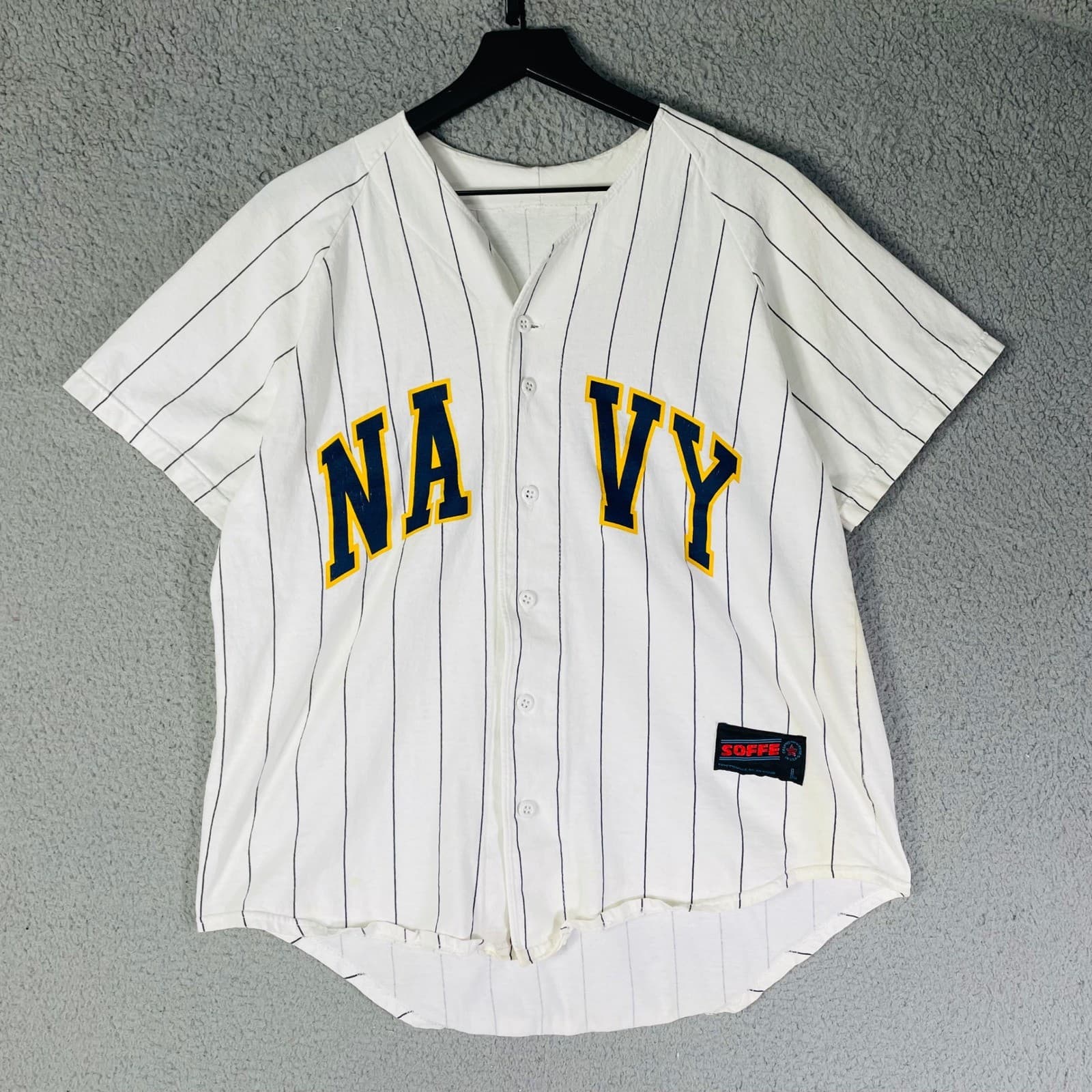 Vintage Soffe Men’s Large Navy Baseball Jersey White Pinstripe Button Up Shirt - Thumbnail 2