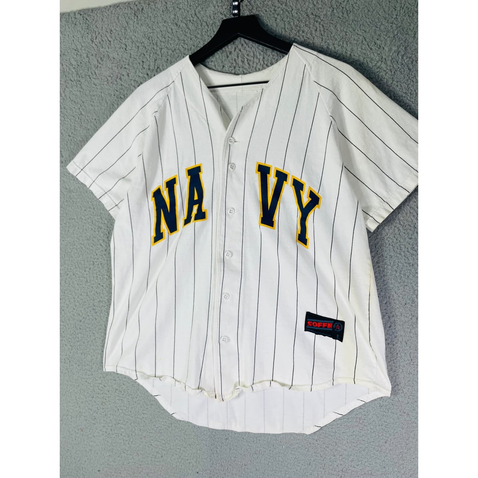Vintage Soffe Men’s Large Navy Baseball Jersey White Pinstripe Button Up Shirt - Thumbnail 6