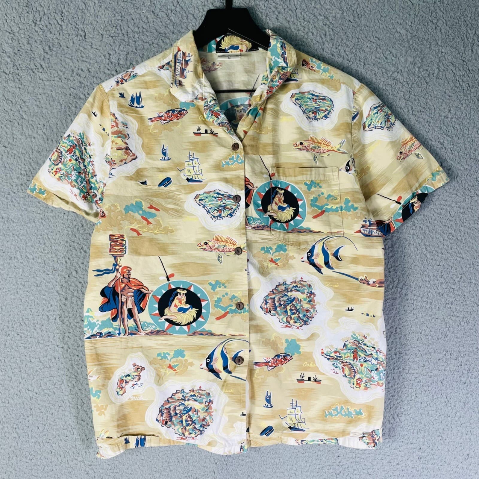Go Barefoot Men’s M Hawaiian Shirt Island Print Beige Aloha Button Up Vintage - Thumbnail 5