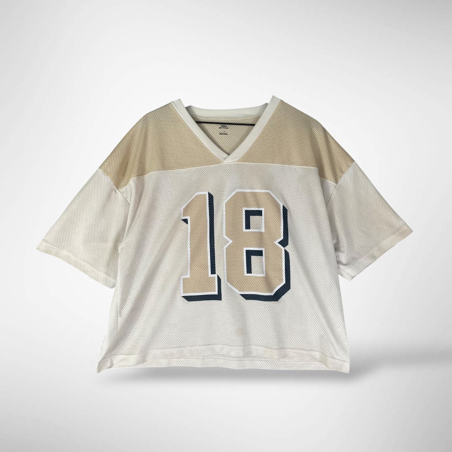 Cropped Mesh Jersey Top Beige White 18 V Neck Y2K Streetwear Unisex - Thumbnail 2