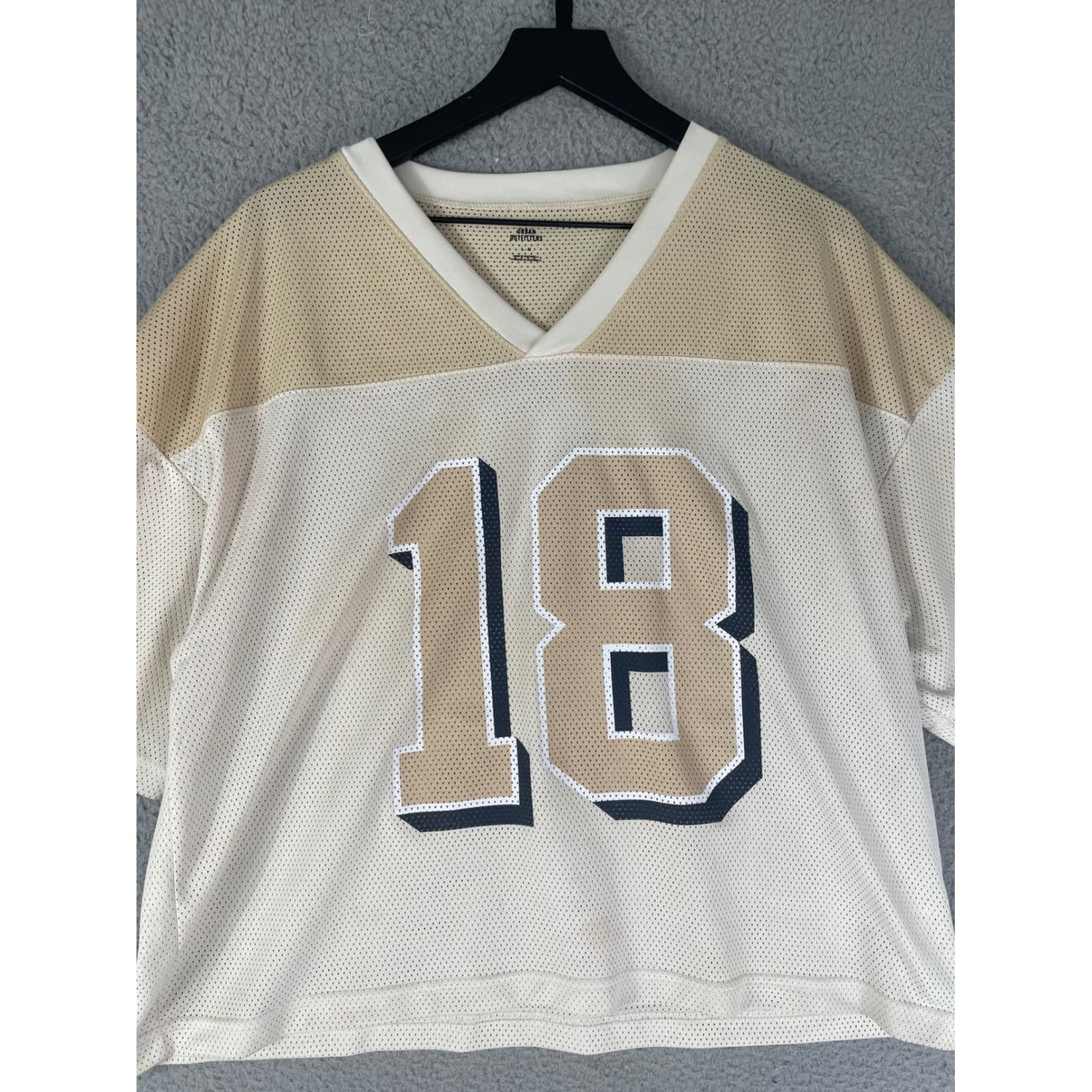 Cropped Mesh Jersey Top Beige White 18 V Neck Y2K Streetwear Unisex - Thumbnail 6