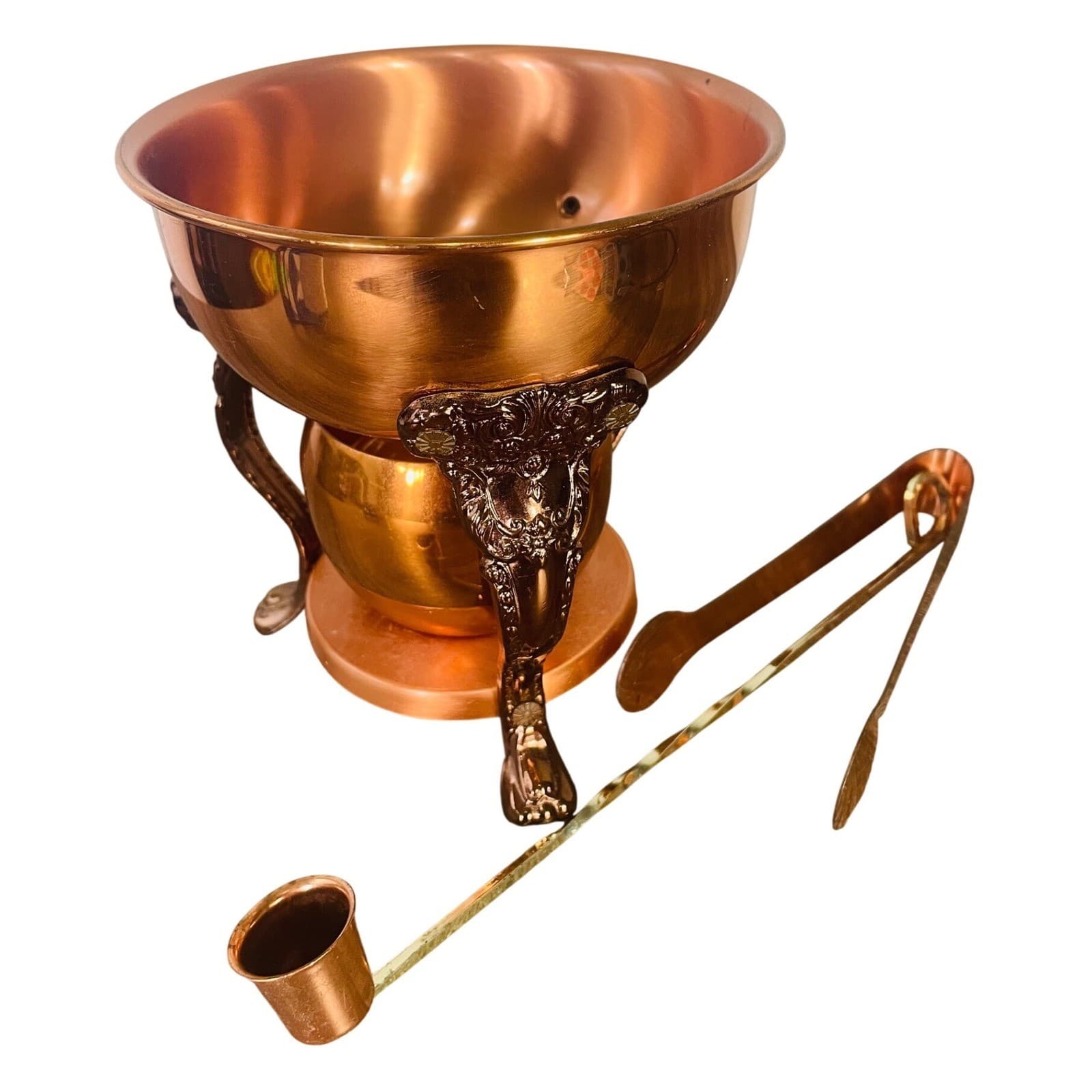Vintage Copper Brass Warming Stand Candle Snuffer Sugar Tongs