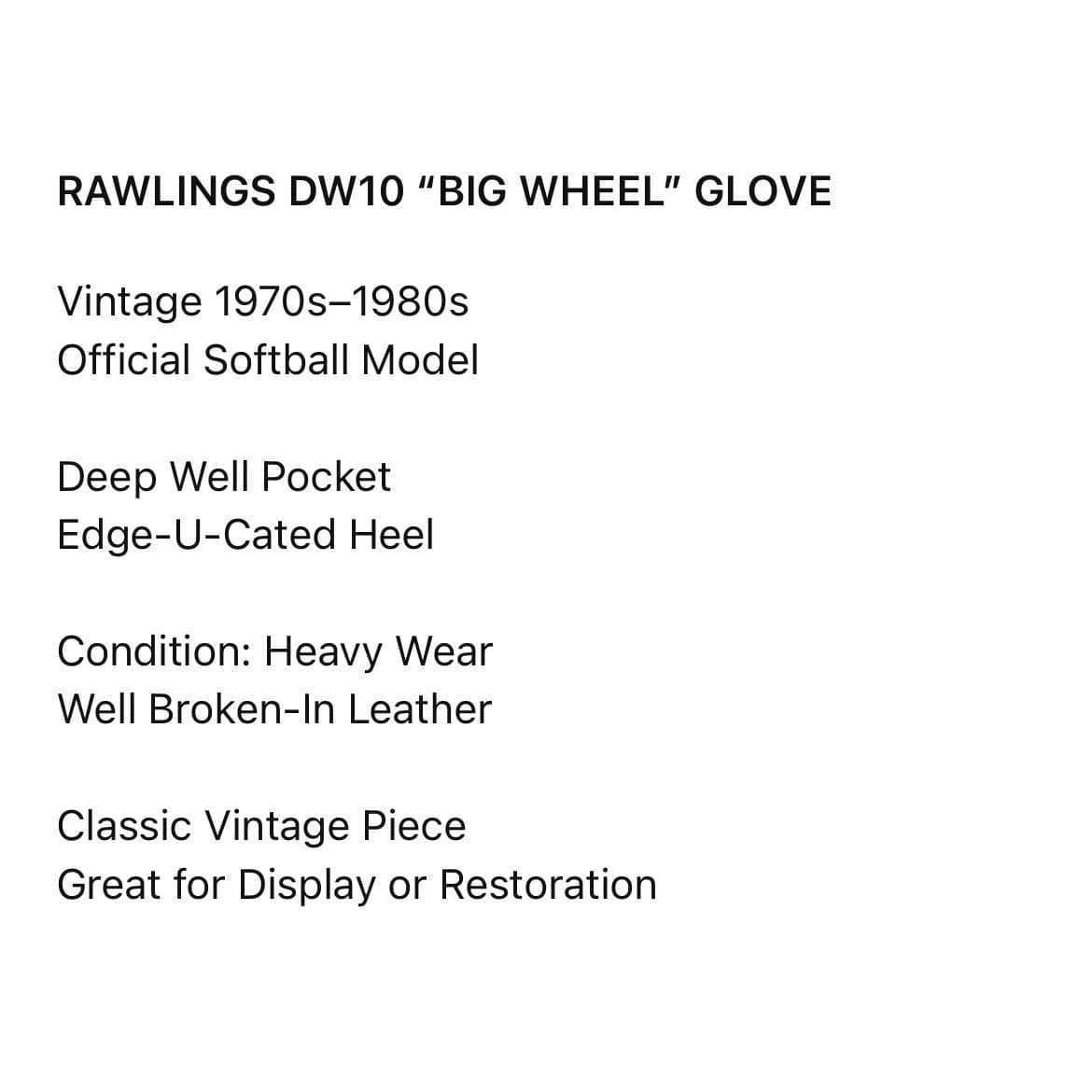 Vintage Rawlings DW10 Big Wheel Softball Glove Made USA Leather RHT Worn - Thumbnail 2