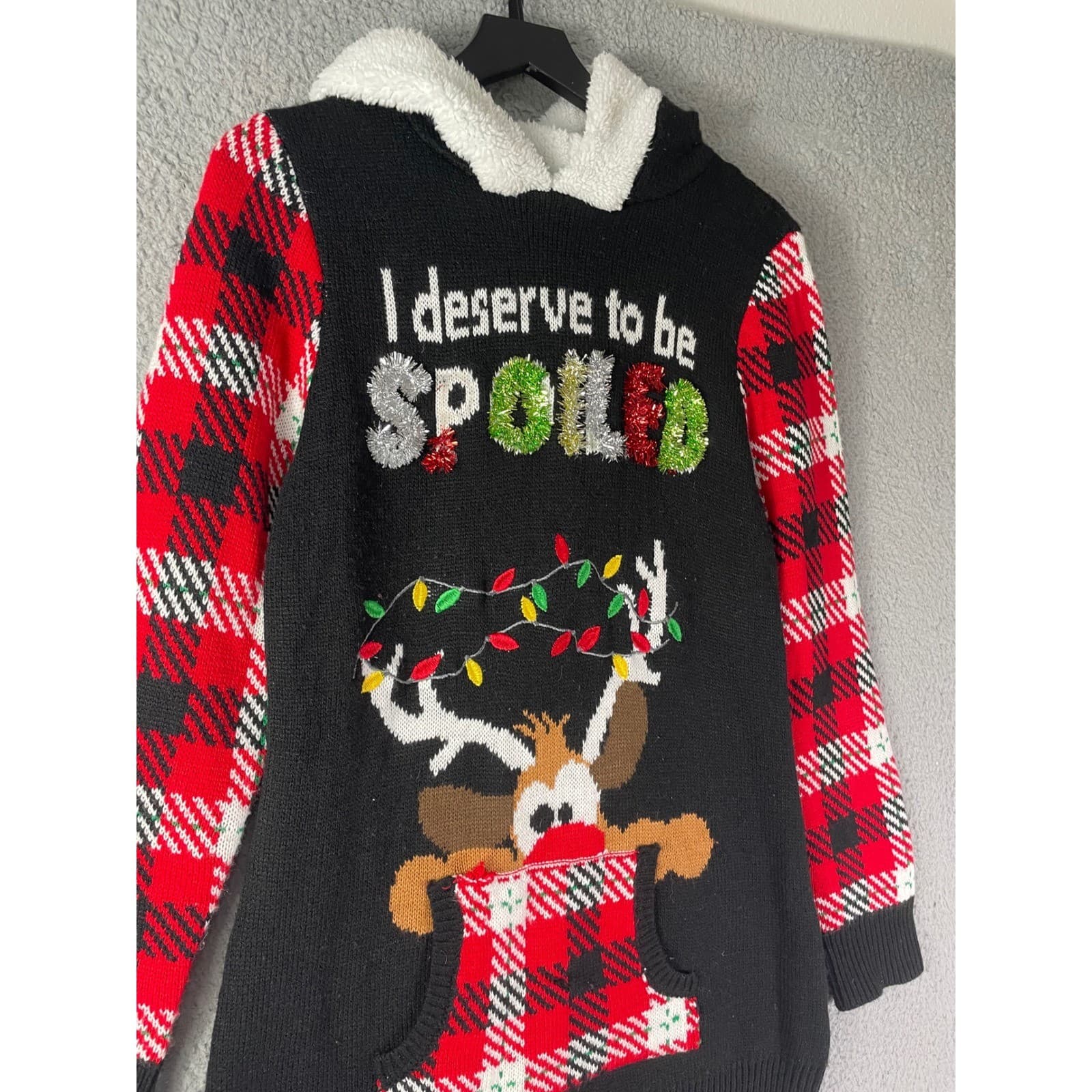 No Boundaries Kids Ugly Christmas Sweater Hoodie L 11-13 Plaid Reindeer - Thumbnail 8