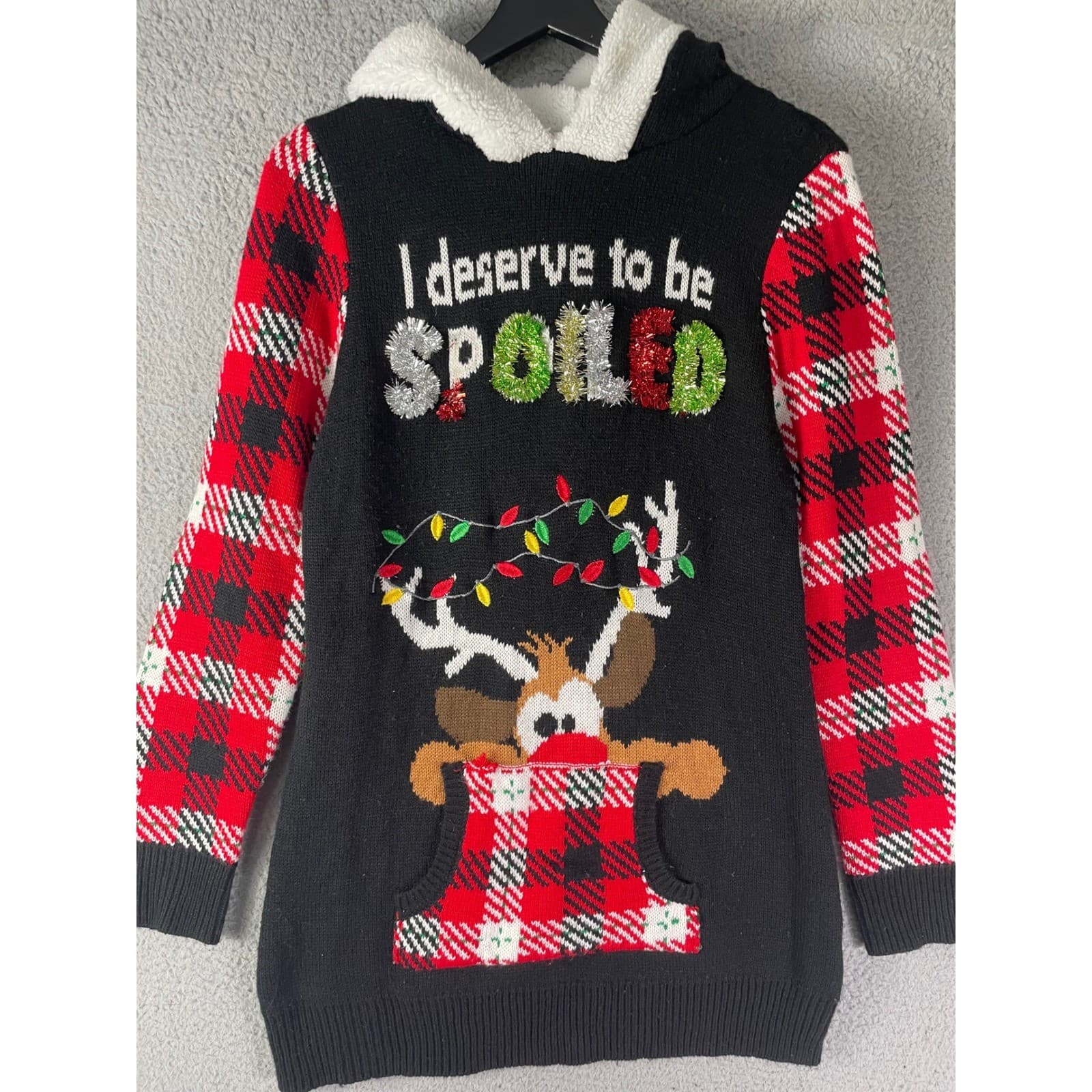 No Boundaries Kids Ugly Christmas Sweater Hoodie L 11-13 Plaid Reindeer - Thumbnail 7
