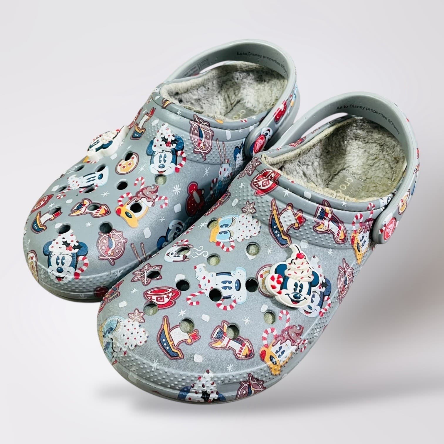 Disney Crocs Adult Gray Christmas Mickey Mouse Lined Clogs Womens Size 11 Mens 9