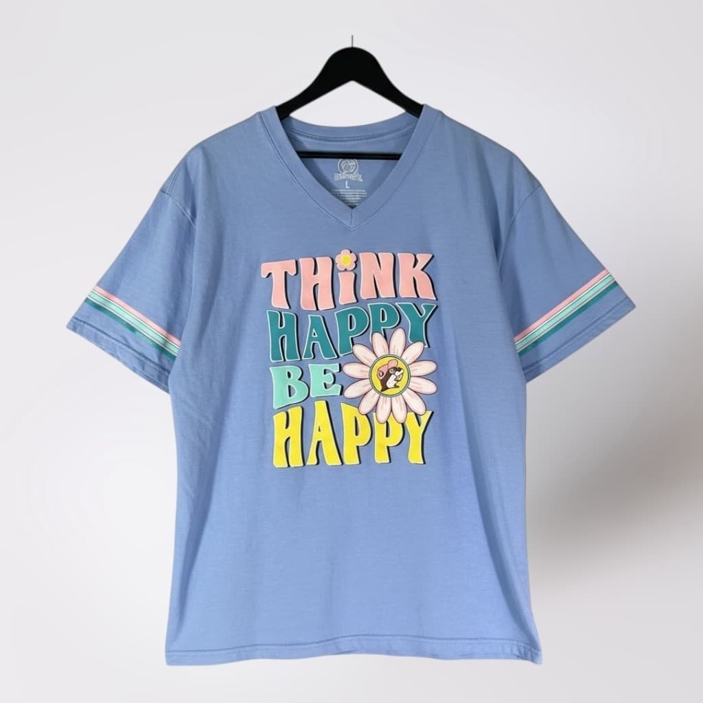 Buc-ees Shirt Womens L Blue Think Happy Be Happy V Neck Graphic Tee Retro Daisy